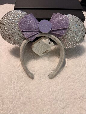 Disney Parks Disney100 Silver Studded Minnie Ears Headband Purple Bow NWT Adult